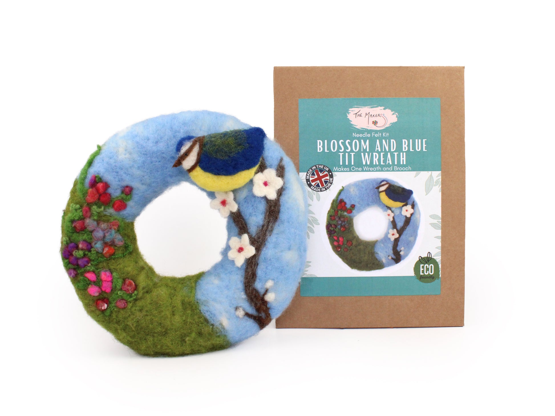 Blossom and Blue Tit Brooch Wreath Needle Felt Kit - The Makerss